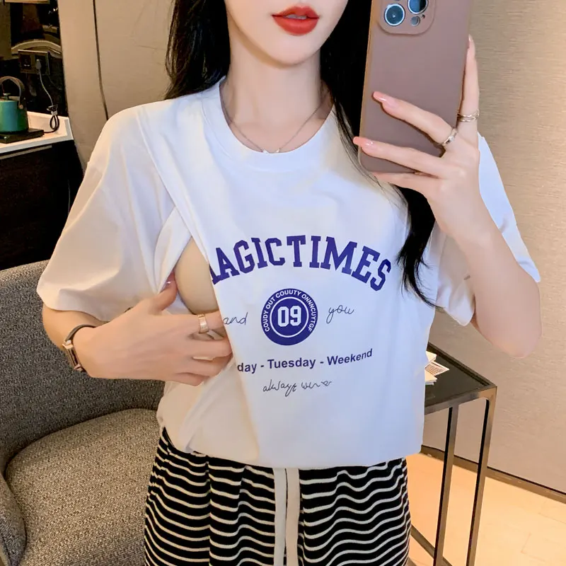 Summer Short Sleeve 100 Cotton Striped Breastfeeding T-shirt Postpartum Spicy Mothers Nursing Clothes Block Color Lactation Tees