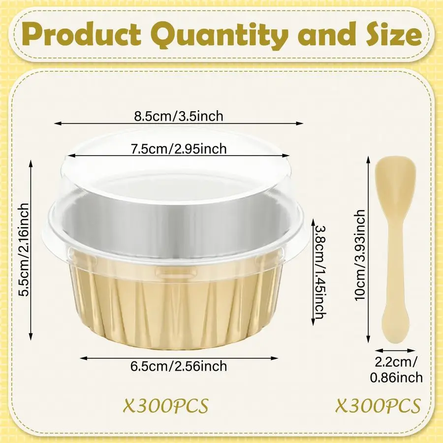 600 Stück Backförmchen aus Aluminiumfolie mit Deckel und Löffeln, 5 Unzen, Einweg-Ramekins, Dessert, Muffin, Creme, Brulee, Cupcake-Einlagen