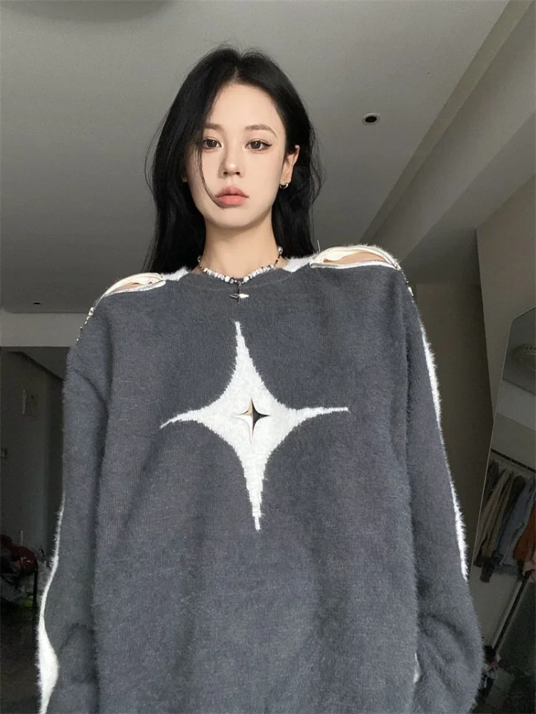 

Retro Contrast Color Star Sweater Sexy Slash Neck Off Shoulder Long Sleeve Tops 2023 New Autumn Harajuku Fashion Y2k Jumpers