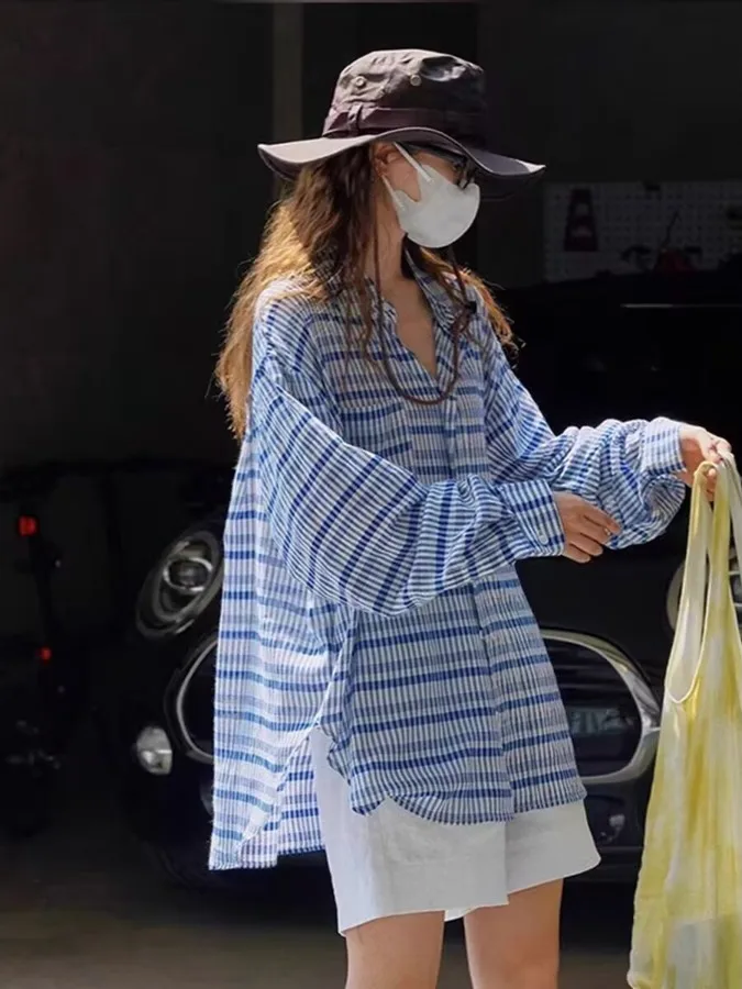 

Loose Fit Long Sve UV Protection Spring irt Women's Lazy Sle Thin Lightweight Japanese High-End plus Size Blouse