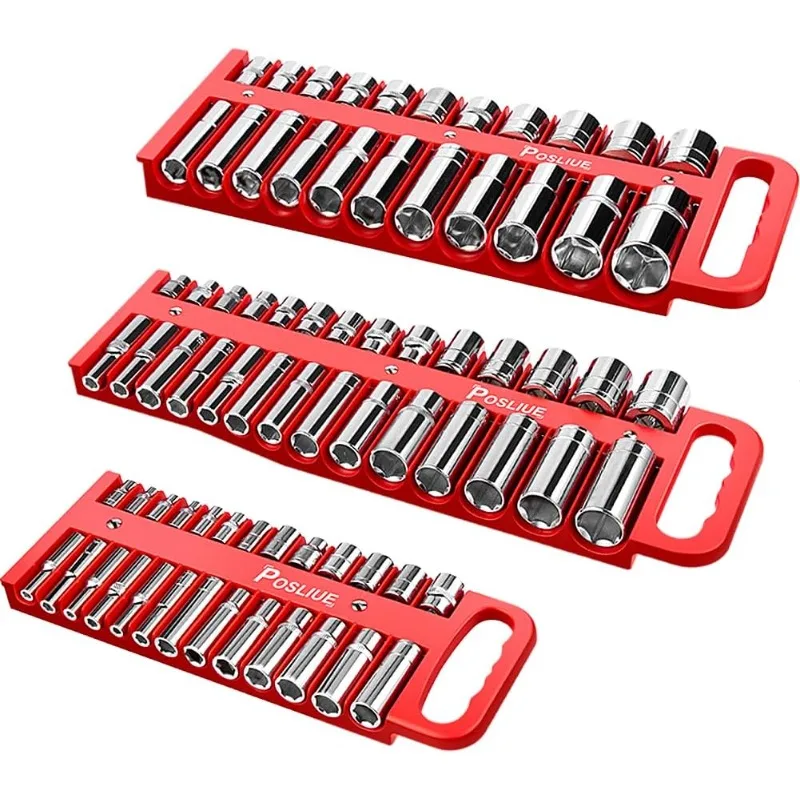 Magnetic Sleeve Retainer Set, Magnetic Sleeve Organizer for 1/4-inch, 3/8-inch and 1/2-inch Drives, 3-Piece Set, Red