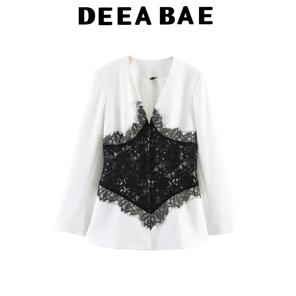 

DEEABAE French retro commuting style lace patchwork design, niche fashion V-neck waist cinched suit jacket