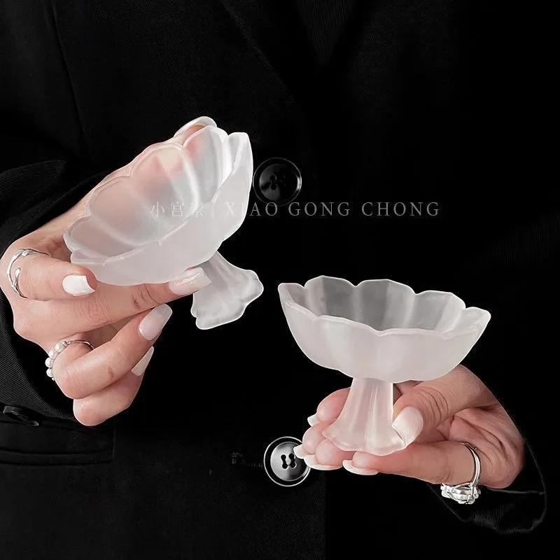 Lotus High Footed Glass Cup Exquisite Glazed Lotus Frosted Fragrant Rice Wine Burnt Wine Sake Cup Household Dessert Tea Cups