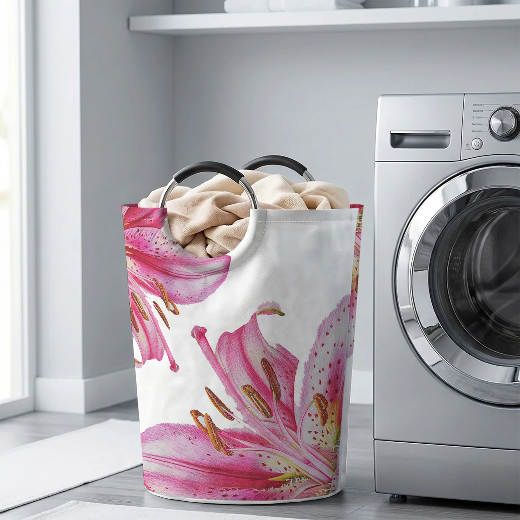 Pink Lily Print Handheld Storage Basket, For Laundry, Bedroom & Home Sundries Storage