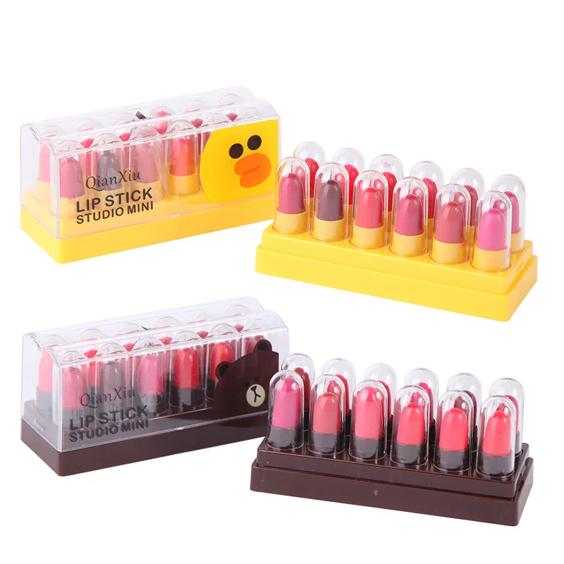 Mini lápiz labial mate de dibujos animados para mujer, 12 piezas, resistente al agua, de larga duración, portátil, productos de maquillaje