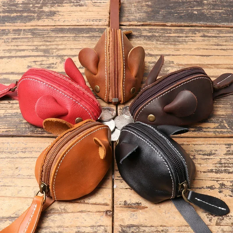 Genuine Leather Coin Purse Cartoon Mouse Shape Zipper Pocket Storage Bag Men Women Portable Wallets Children's Key Bags