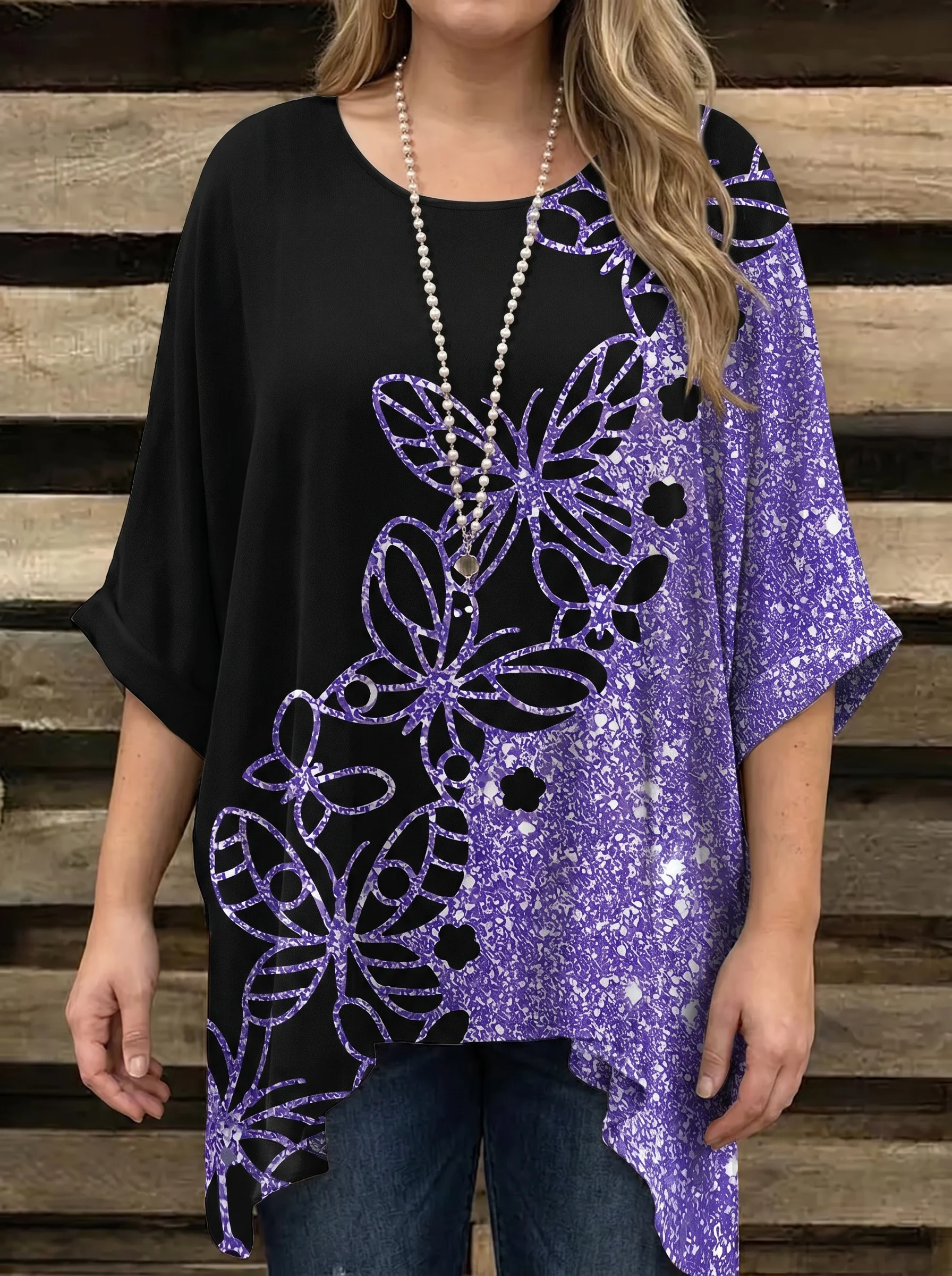 Gadinus Plus Size Women Abstract Print Blouse Loose Fit Long Sleeve Asymmetric Hem Top Plus Size Casual Printed Tunic Top