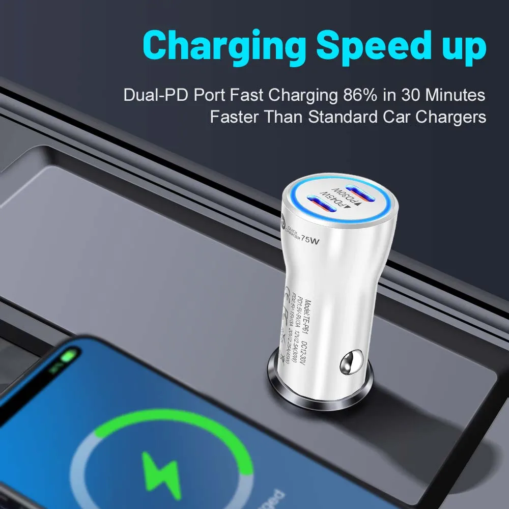 75 واط USB C شاحن سيارة منافذ مزدوجة نوع C PD شاحن في سيارة محول شحن سريع آيفون 15 14 شاومي سامسونج شاحن هاتف السيارة #4