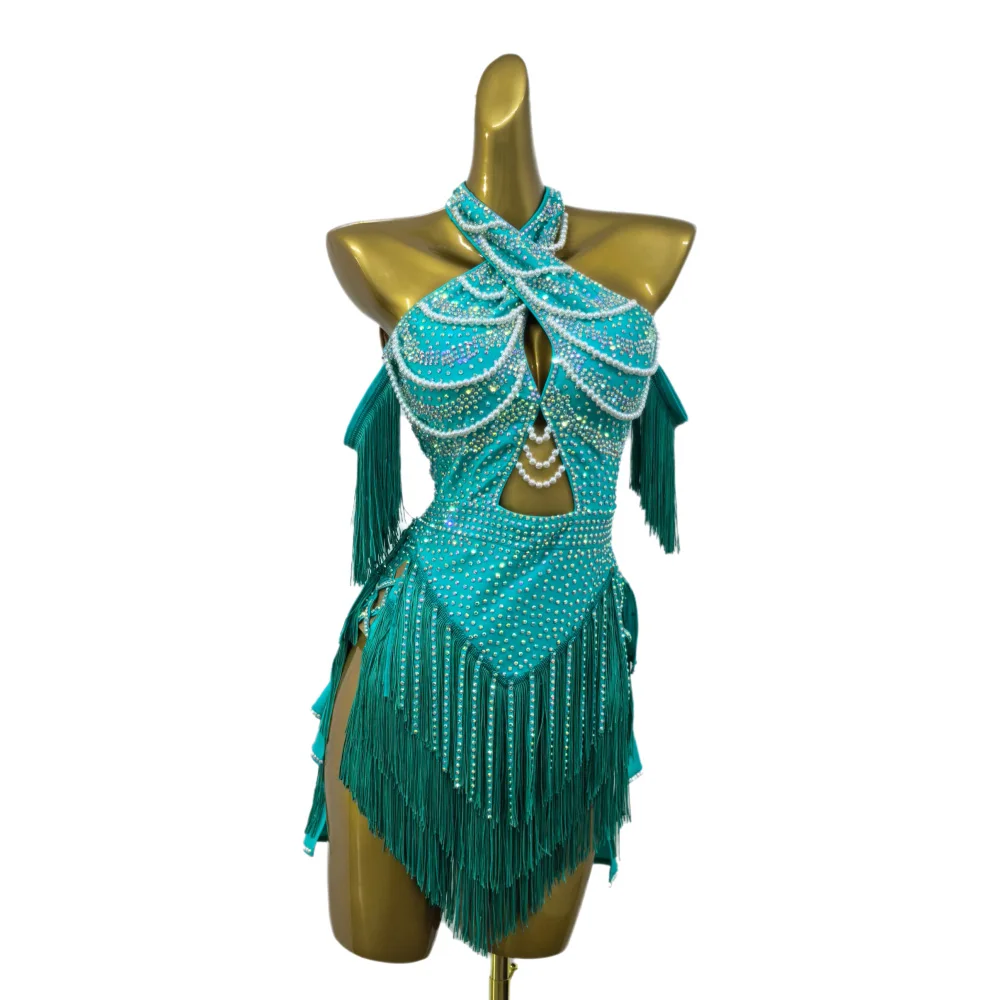 الرقص اللاتيني AB Stone أنثى الكبار الأطفال الراقية مخصصة الأخضر شرابة اللؤلؤ سلسلة سوداء بركة السامبا الأداء اللباس