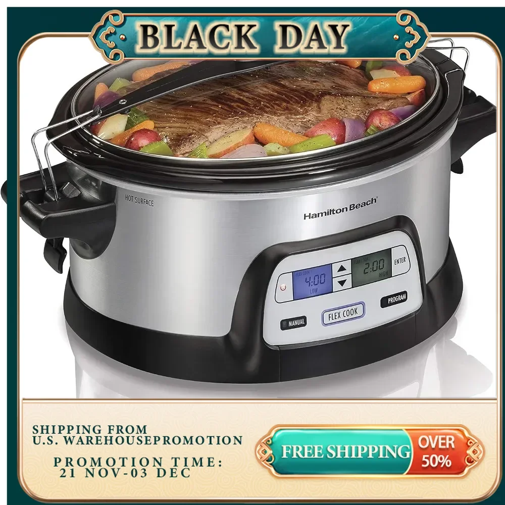 Portable Programmable Slow Cooker, Dishwasher Safe Crock, 6 Qt, Dual Digital Timer/2 Heat Settings, Lid Lock for Easy, Silver