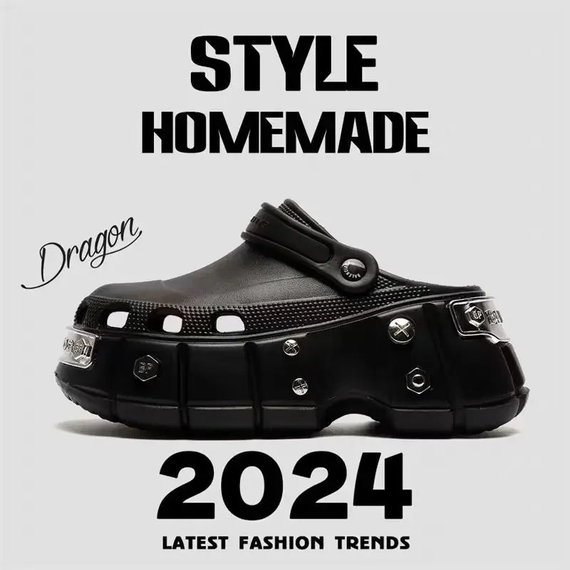 Parisian Men's Summer Thick Bottom Sandals Anti-Slip Black Dual-Use Beach Shoes Couple Matching Head Cover Slippers EVA Material