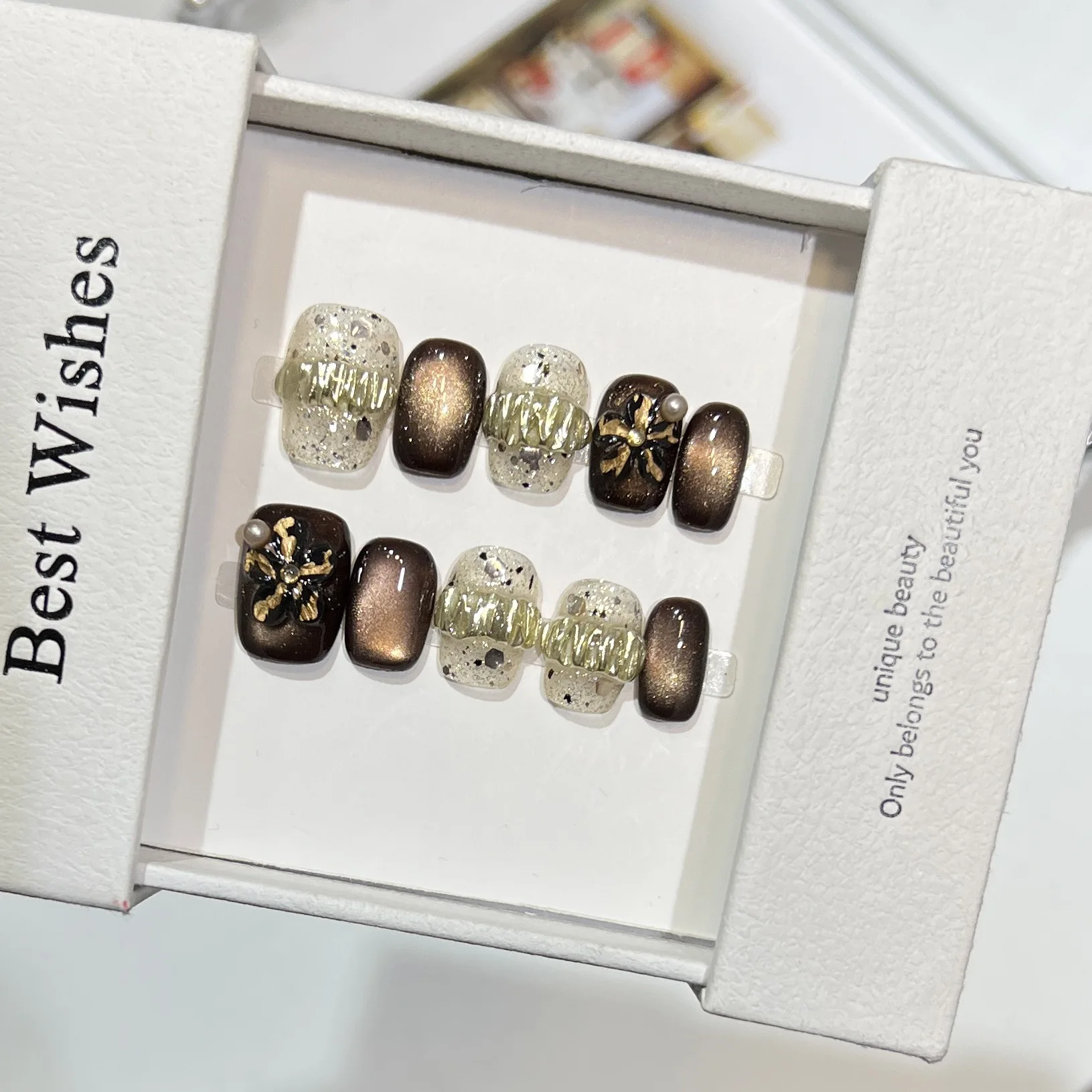 10 Uds. De cuentas de cristal bonitas, ojo de gato, prensa corta en Nail Art, espejo mágico en polvo, diamante de circón, uñas postizas hechas a mano