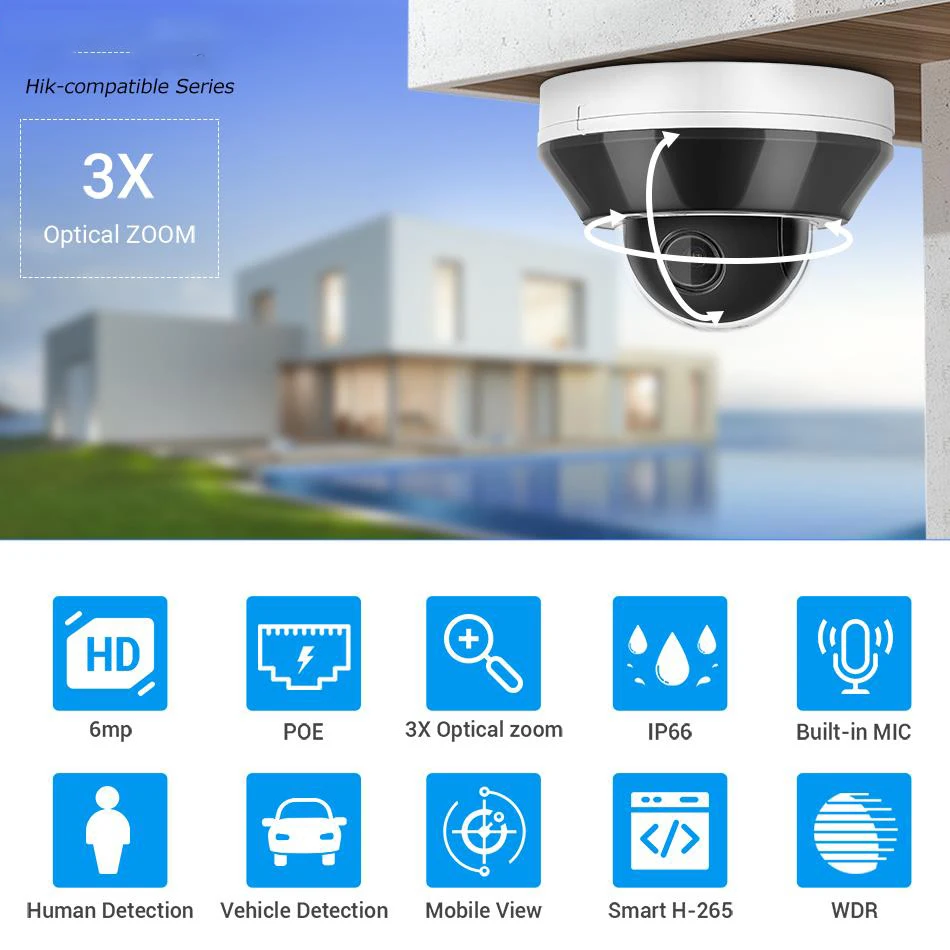  Hikvision Compatible 6MP PTZ Dome IP Camera 3X Zoom Built-in Mic IR20M IP66 CCTV Surveillance Security Camera APP View