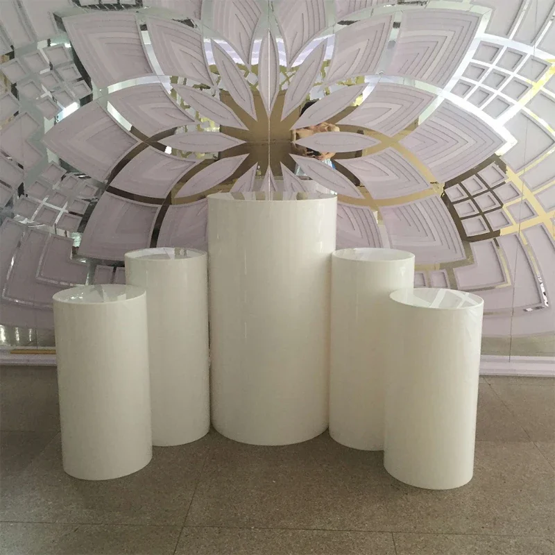 

Hot Wedding Decoration Round Pedestal Stands Display Round Gold White cylinder plinths Dessert Cake Table