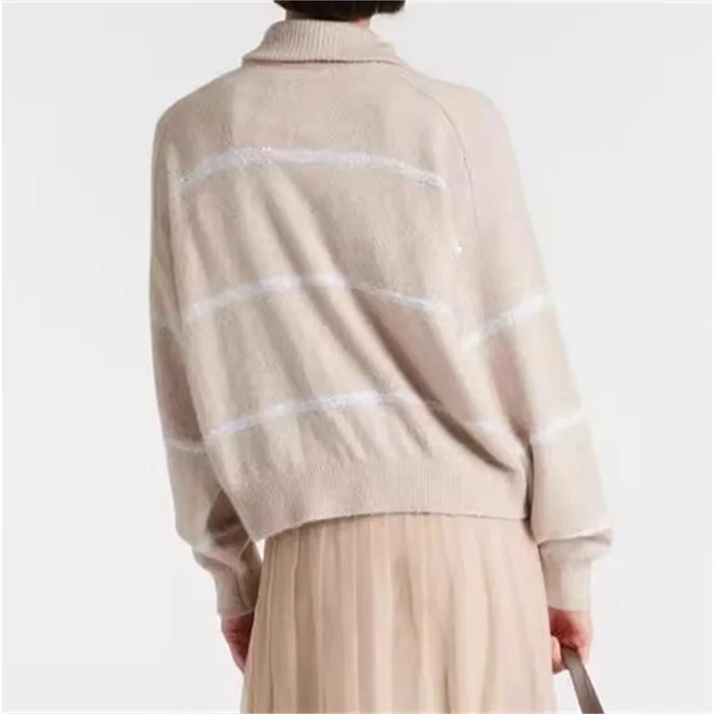 cardigan women 2025 Spring New Sequin blend Striped Women's Sweater Elastic slim fit wool Women's turtleneck Knitwear Thin coat