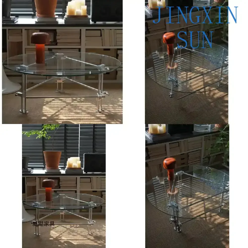 Nordic Simple Round Glass Coffee Table for Living Room Modern Minimalist Tea Table with Stainless Steel Optical Axis for Home