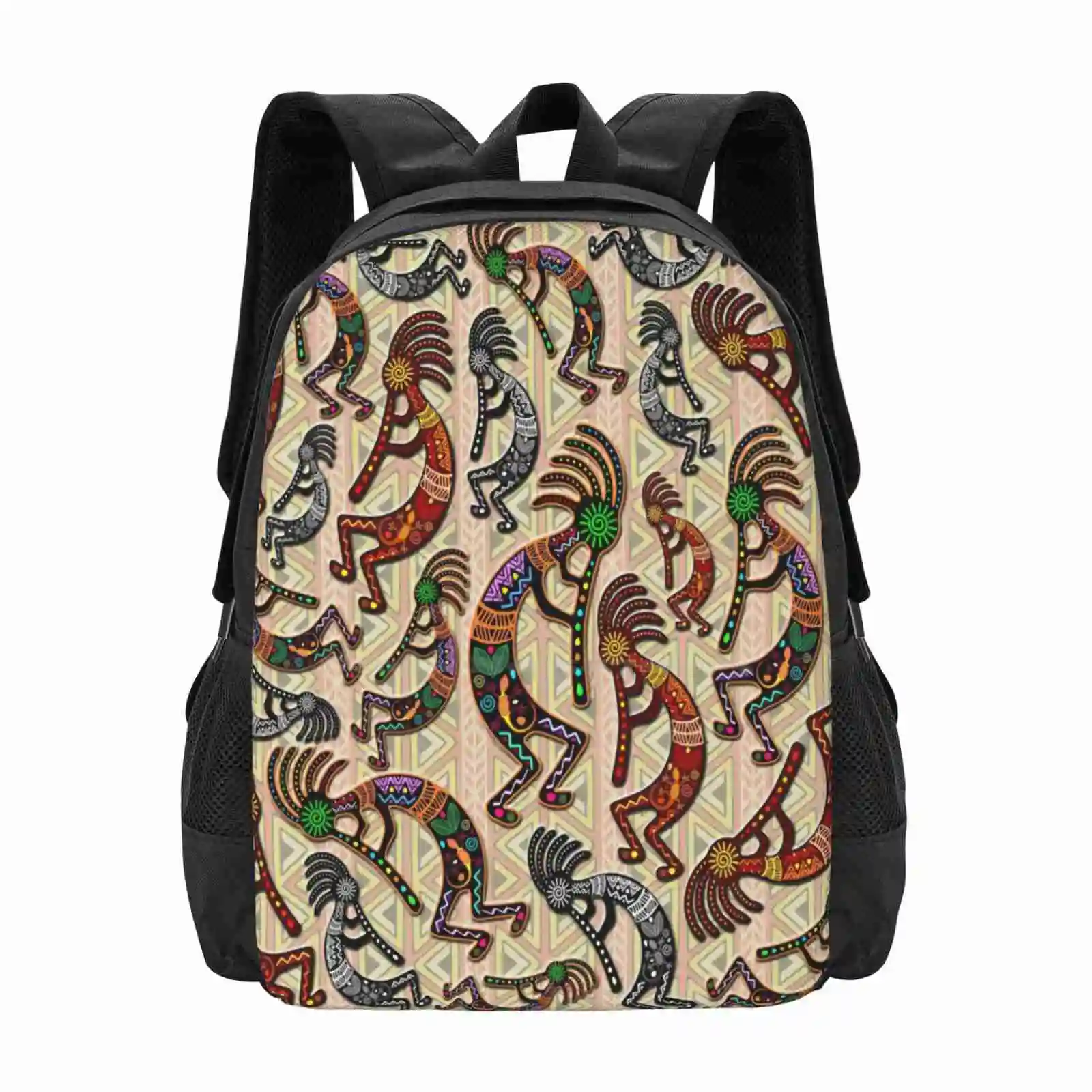 Kokopelli Rainbow Colors On Tribal Pattern Hot Sale Schoolbag Backpack Fashion Bags Deity Fertility God Culture Mythological