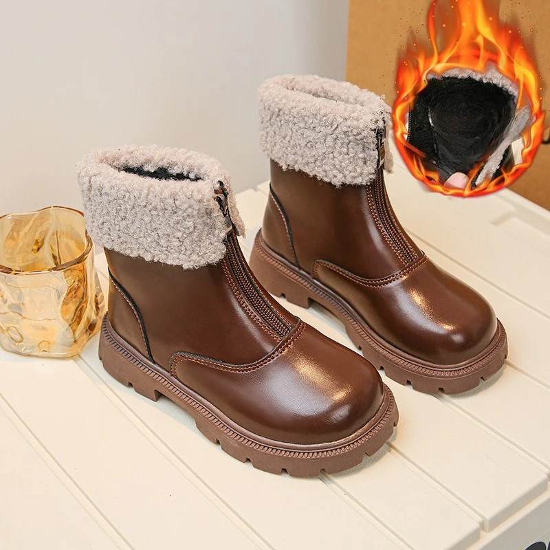 Children's Fashion Boots 3-18 Years Old Fall Winter Padded Thickened Boys Girls Cotton Shoes Soft Non-slip Kids Leather Boots