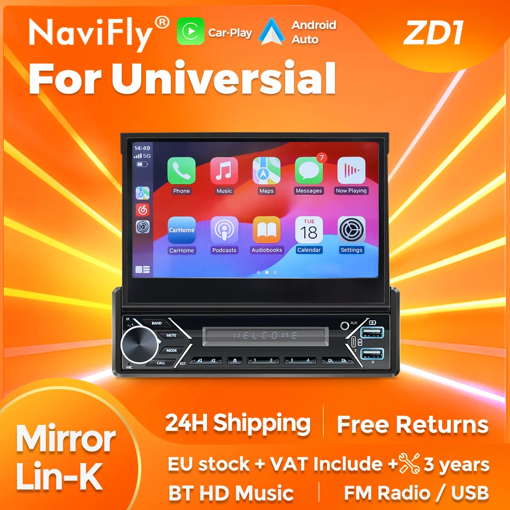 Navifly 1Din MP5 7-Inch Universal Car Radio Stereo Wireless Carplay Touch Screen Multimedia Video Player Support Mirror Link SWC