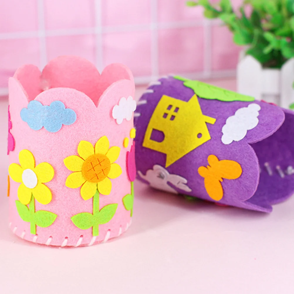 4개 DIY 펠트 펜 홀더 만화 연필 정리함 세트 어린이 수제 공예 키트 유치원 학습용