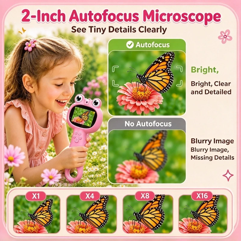 Kids Handheld Electronic Magnifier with Double Camera, Built-In Screen, and Photo for Close-Up Exploration, Nature 15UB