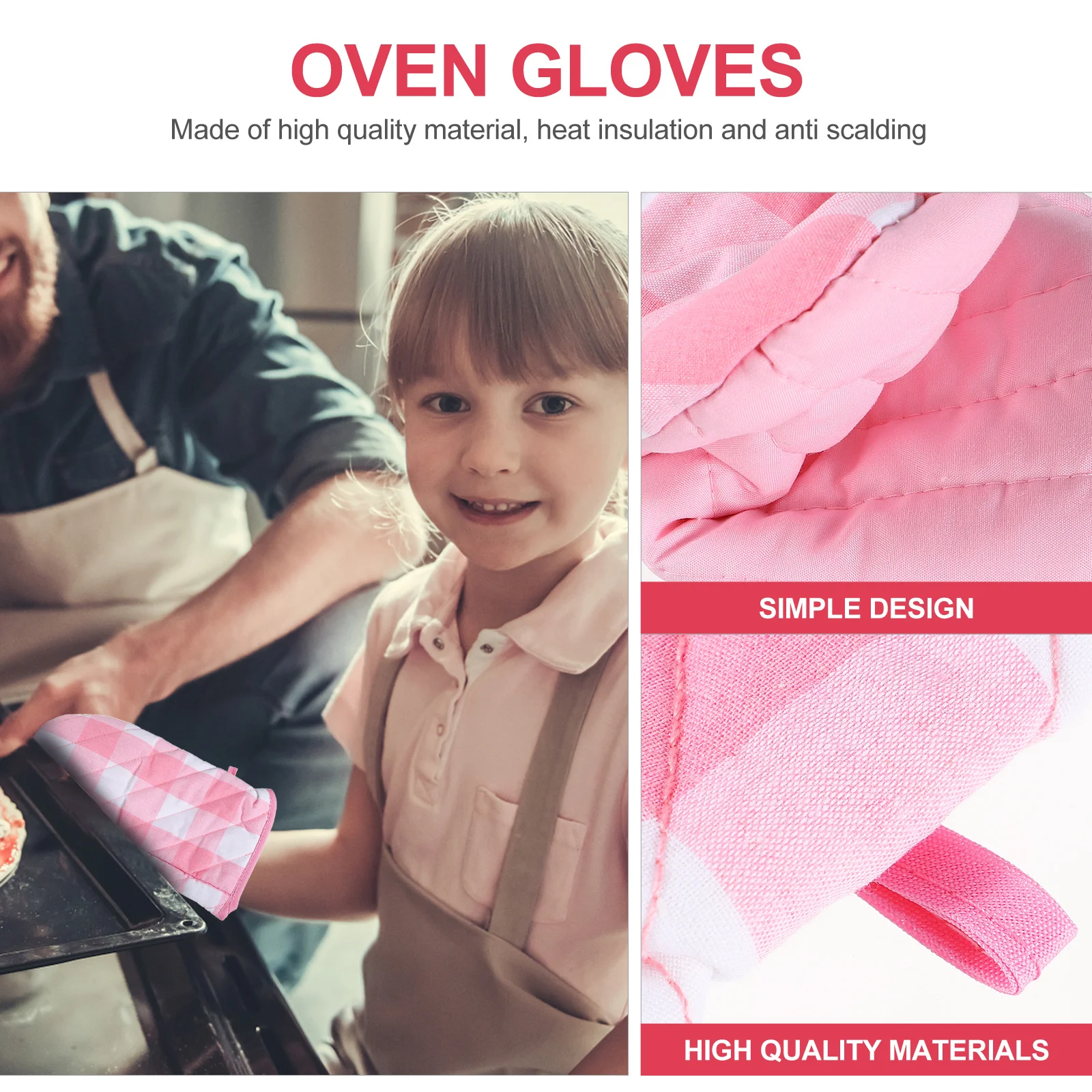 

2Pcs Plaid Heat Resistant Mitts Comfortable Wear Hanging Ring Design for Cooking Baking Microwave Oven Mitts