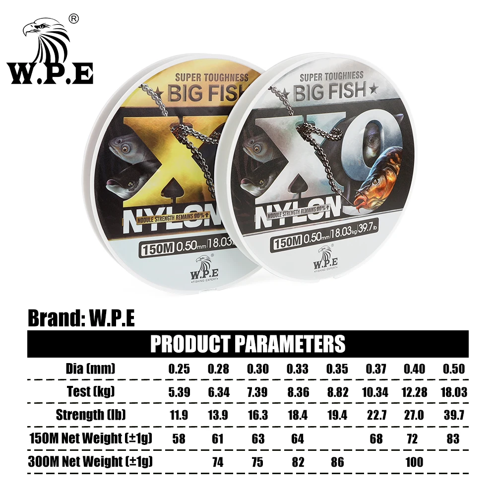 W.P.E X9 NYLON Fishing Line 150m/300m Cod Fish Big Fish Nylon Line 0.25mm-0.50mm 11.9lb-39.7lb Bass Carp Sinking Fishing Line
