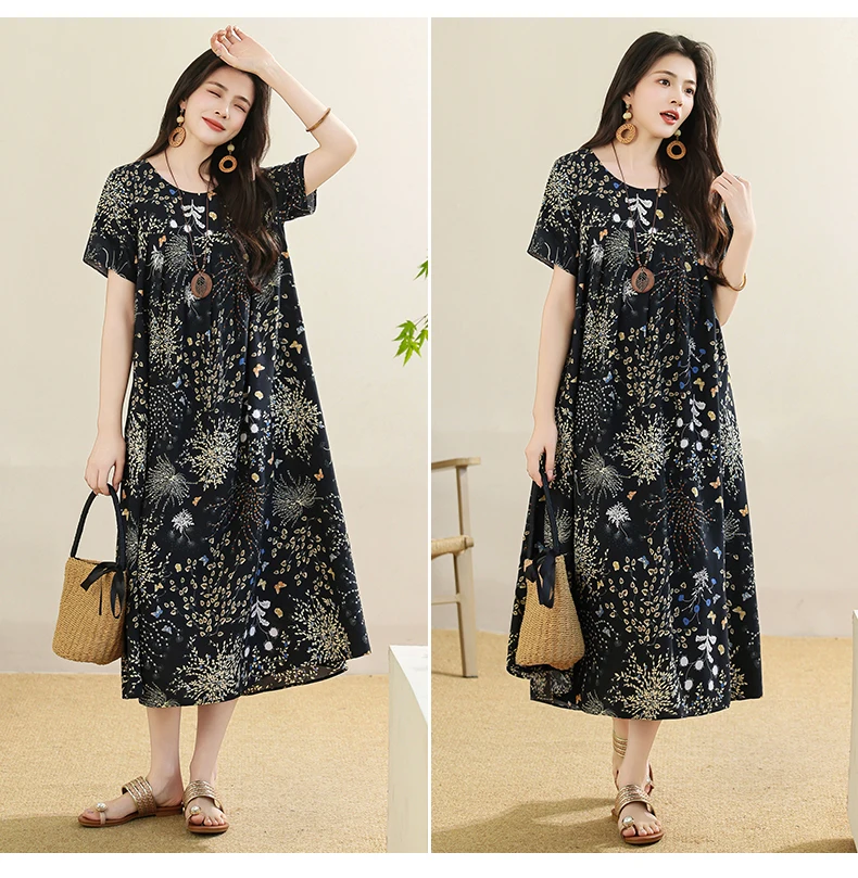 New 2025 Summer Dress For Women Plus Size Dress Casual Short Sleeve Boho Vintage Print Long Maxi Dress Beach Women Clothing