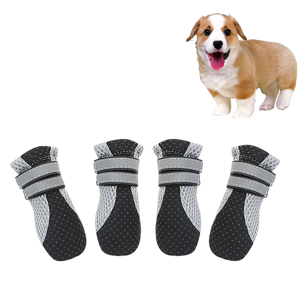 

4Pcs Pet Night Light Reflective Shoes Summer Breathable Net Cloth Diving Material Rubber Sole Waterproof Non-Slip Dog Boots