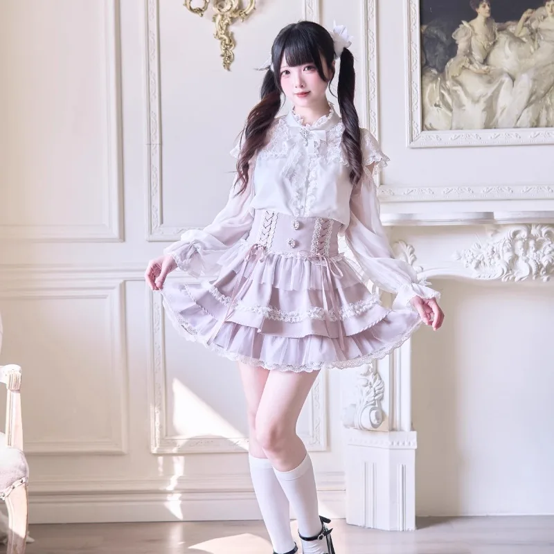 Mass-produced Mine Series Short Skirt Japanese Lolita Original Design High-Waisted Two Sides Strap Water Color Mini Skirts Women