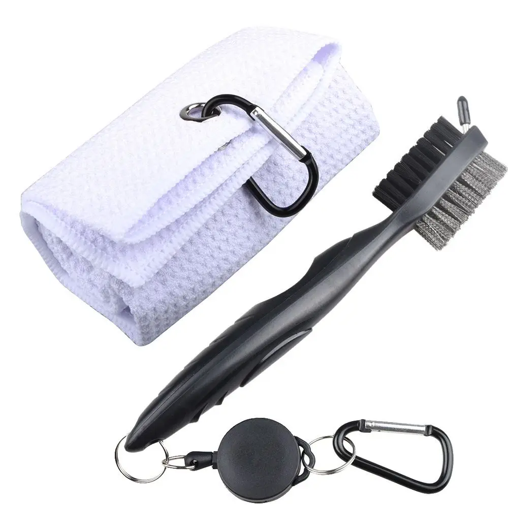 

Towel with Hook Carabiner Hook Cleaning Set Golf Towel and Brush Golf Double-sided Cleaning Brush Head Groove Cleaner Set