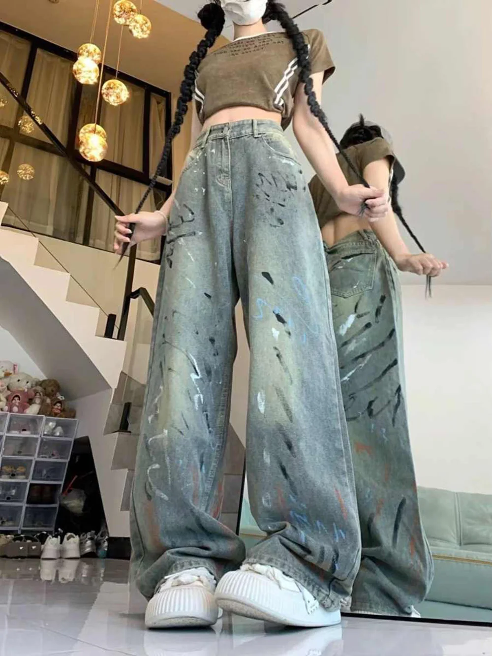 Oversized Splash-ink Print Wide Leg Denim Pants Women Spring Autumn High Waist Straight Loose Jeans American Retro Blue Jeans