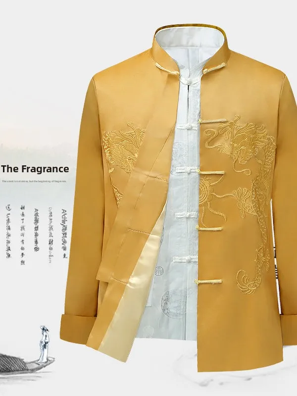 

Традиционный китайский костюм M с вышивкой красного дракона, наряд для выступлений для среднего возраста и ли, весенне-осенняя одежда