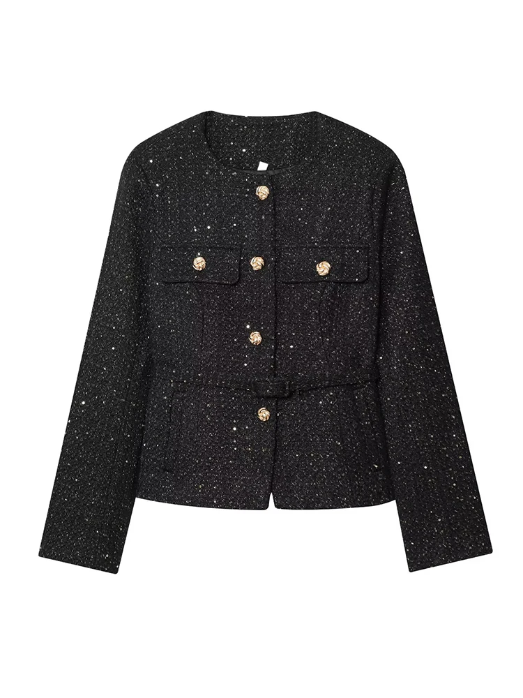 HH 2025 Cappotto con paillettes moda femminile O Collo monopetto maniche lunghe con cintura Giacca da ufficio elegante da donna casual Mujer