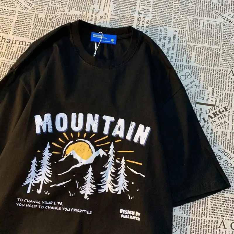 Y2k Men and Women Vintage Snow Mountain Printing Graphic T-shirt Fashion Couple Street Summer Personalized Short Sleeve Top