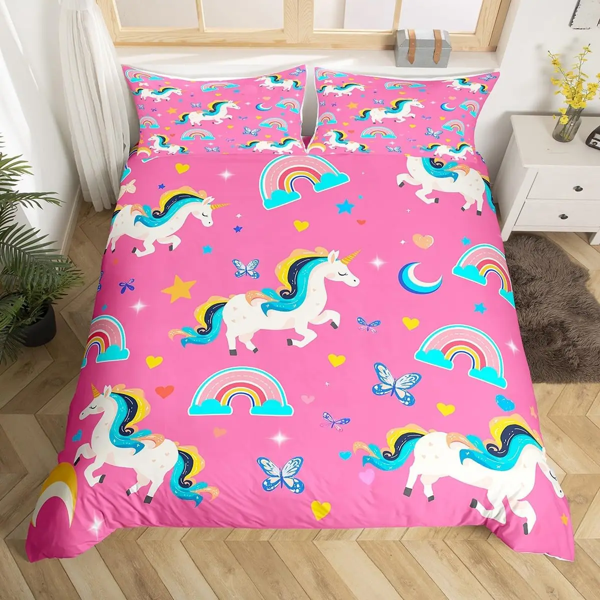 Cute Unicorn Duvet Cover Full Queen Starry Sky Planets Rainbow Bedding Set Cartoon Animal Dreamy Comforter Cover for Girls Boys