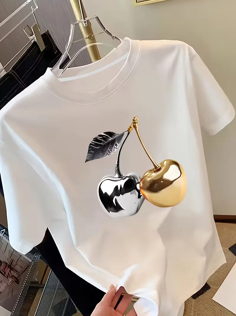 Golden Cherry Printed Women'S Short Sleeved T-Shirt Fashionable Casual, Comfortable Soft Fabric, Spring/Summer Women'S T-Shirt