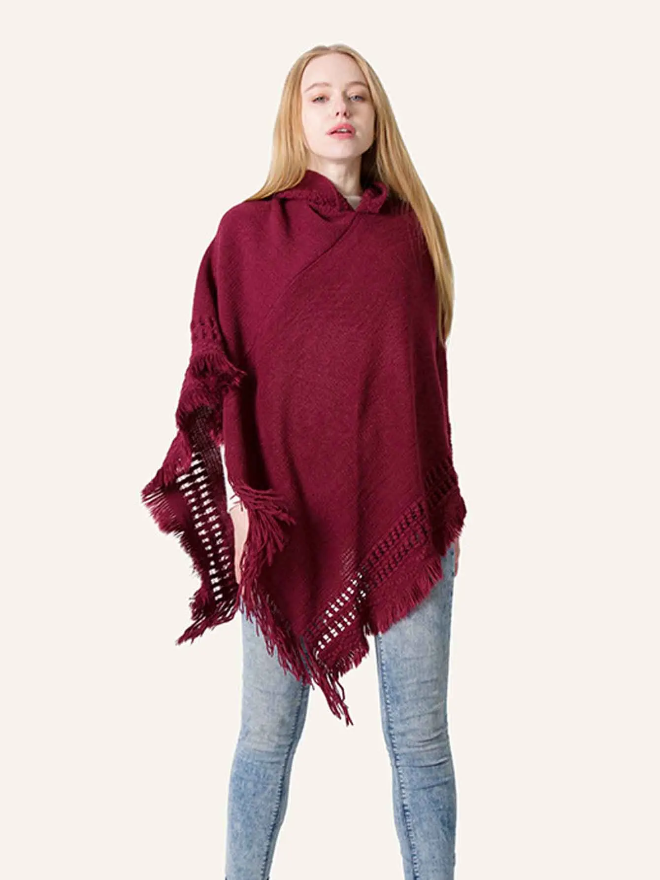 

Women's Hooded Crochet Cape Poncho Shawl with Fringe Hem Elegant Casual Outerwear for Women, Christmas Gift