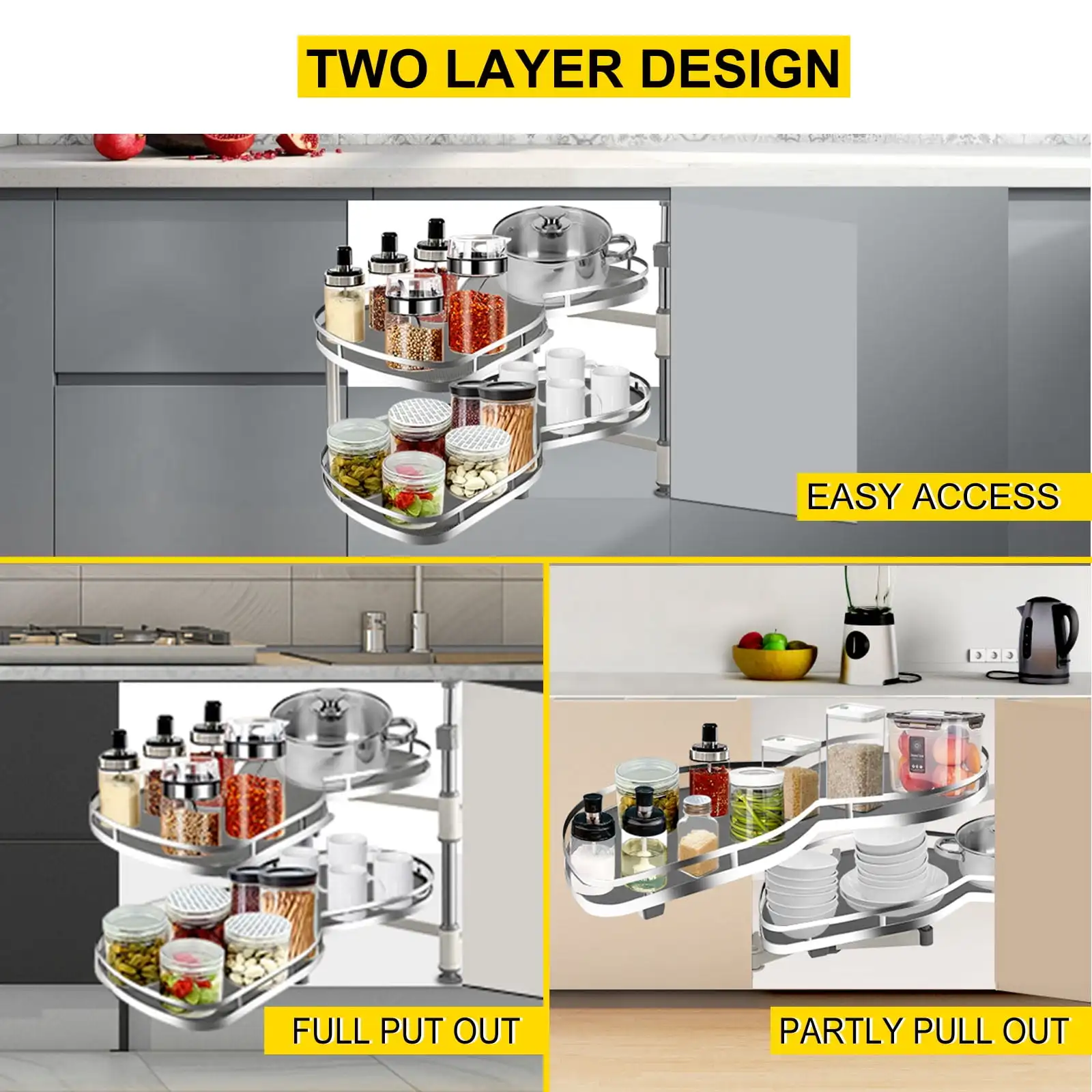 Kabinet Sudut Buta Kiri Ayun Tarik Keluar untuk Kabinet 36 Inci, Kabinet Dapur Buta Baki Ayun 2 Tingkat, Cloud Blind Tutup Lembut