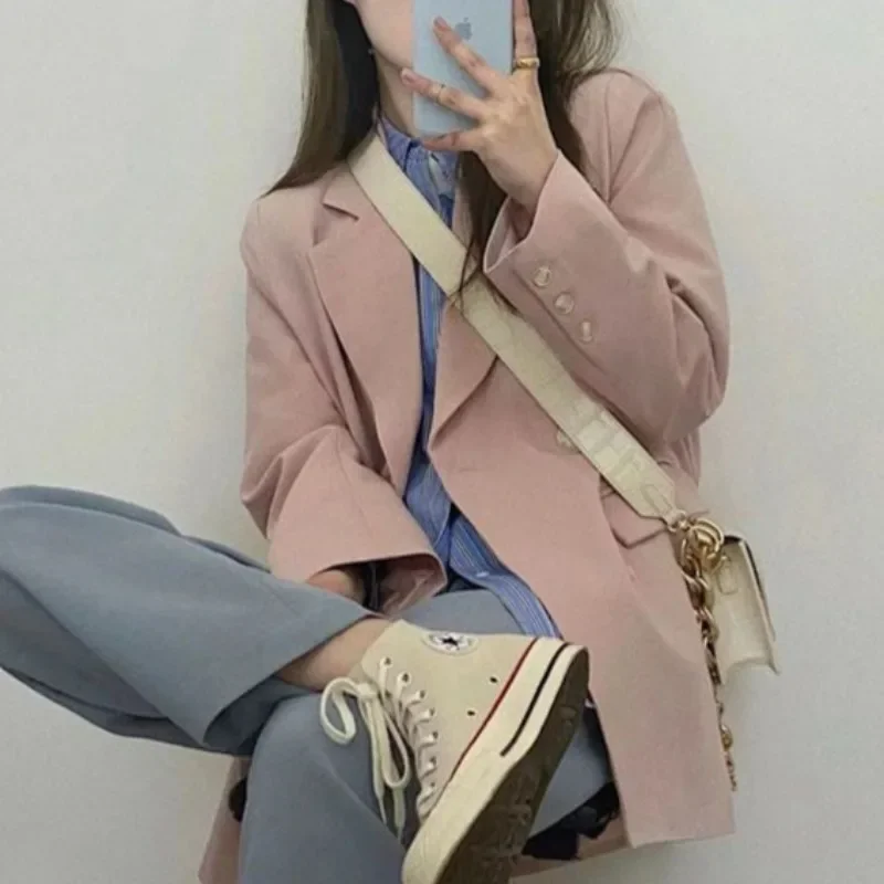 Różowe marynarki damskie codzienne Ins nowe popularne długi rękaw z klapami słodkie fajne uniwersyteckie jednorzędowe uniwersalne wiosna jesień ins