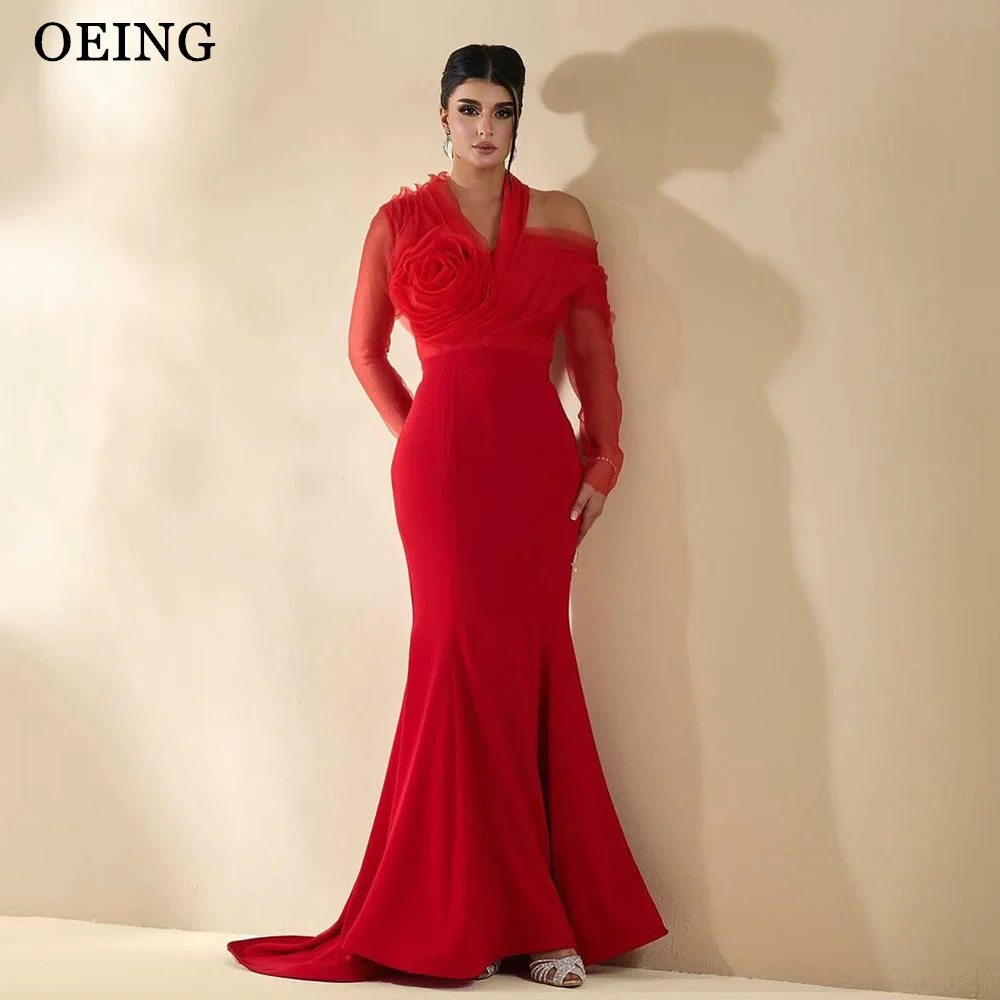 

OEING Red Prom Dress Elegant Luxury 3D Flower Off the Shoulder Trumpet Evening Dresses Arabia Formal Gown Vestidos De Novia