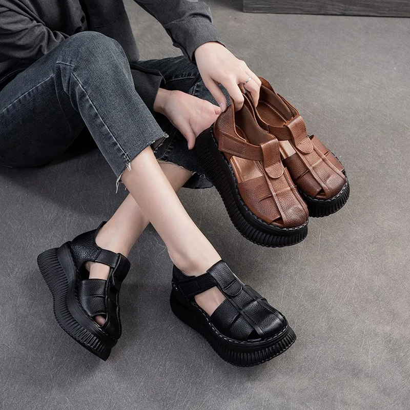 GKTINOO Woman Sandals Summer Wedge Sandals Casual Cutout Genuine Leather Women Shoes Female Ladies Platform Retro Sandalias