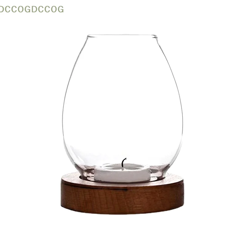 Glass Candlesticks With Cup Cover Transparent Round Candle Holders Home Decor With Wood Base Table Decoration Ornaments Wedding