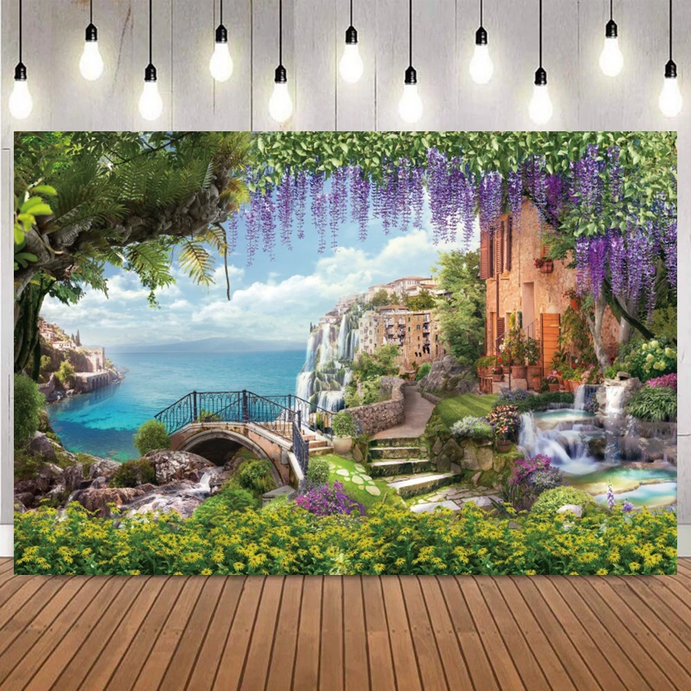 Fondo de fotografía de escena costera de glicina, palmera de playa Tropical, retrato de fiesta de jardín exótico, decoración del hogar, fondo de fotografía