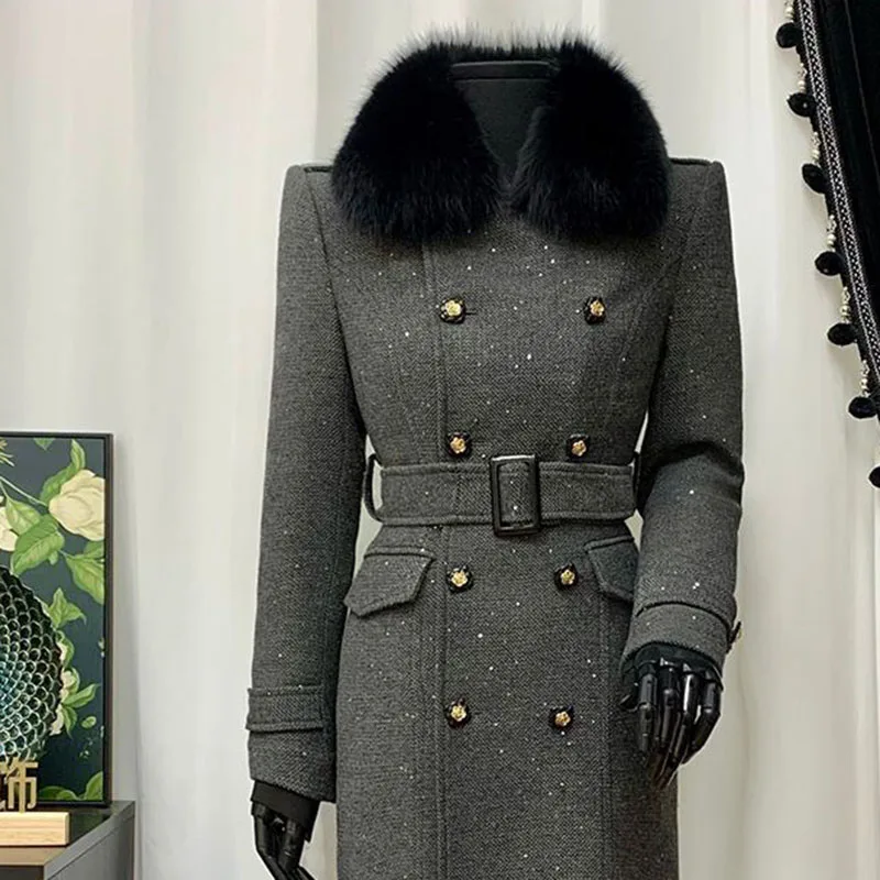 Fashionable Women's Woolen Coat 2025 Winter New Natural Collar Slim Shaping High-Quality Thickened Grey Women's Woolen Coat H676