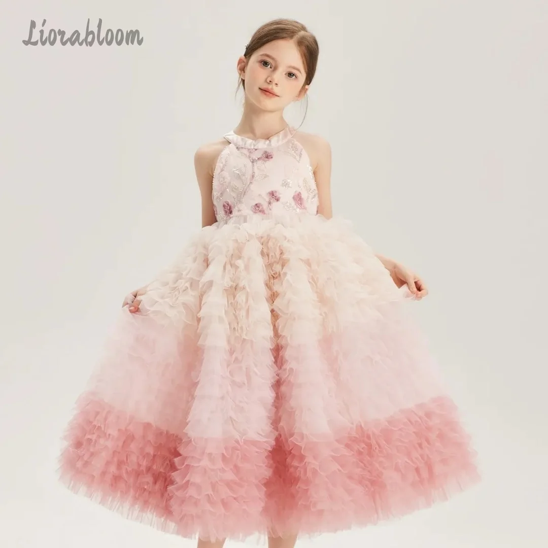 

Girls' Elegant Gown with Full Skirt Custom Backless Tulle Flower Girl Dress Ombré S Wedding Party Attire Dress свадебное платье