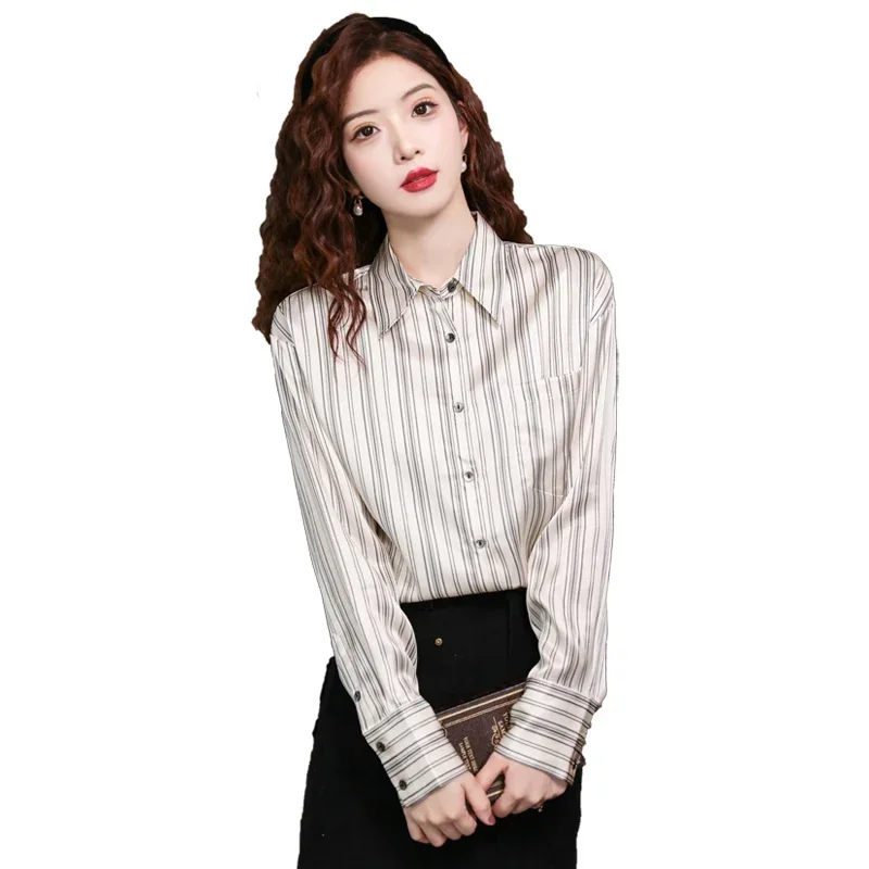 Satin Casual Women's Blouses Spring/Summer New Prints Korean Stripe Shirts Loose Long Sleeves Top Silk Vintage Clothing Sales