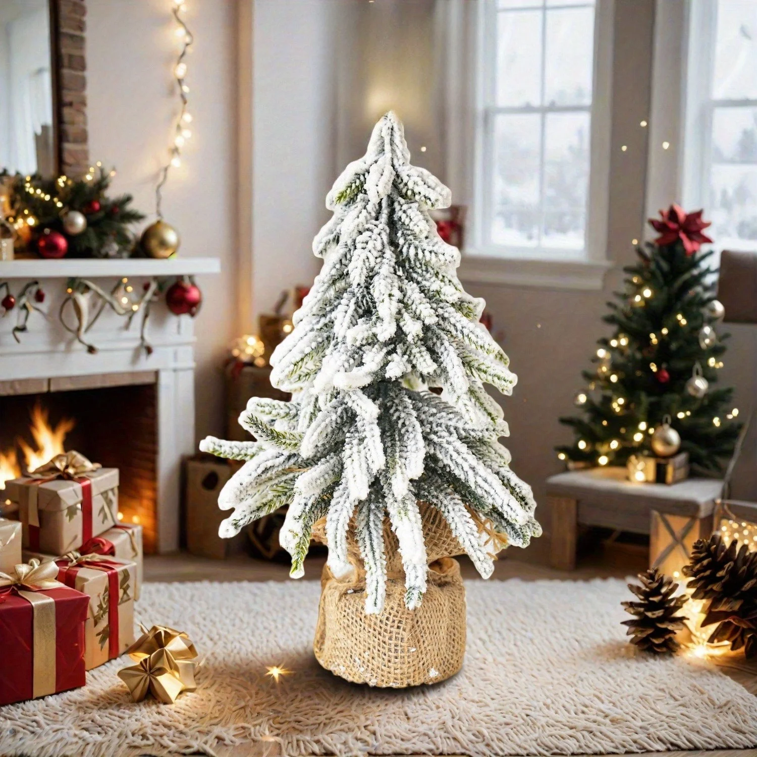 قطعة واحدة من شجرة عيد الميلاد الاصطناعية مع مشهد ثلجي قطيفة، مناسبة لعيد الميلاد ورأس السنة والمهرجانات