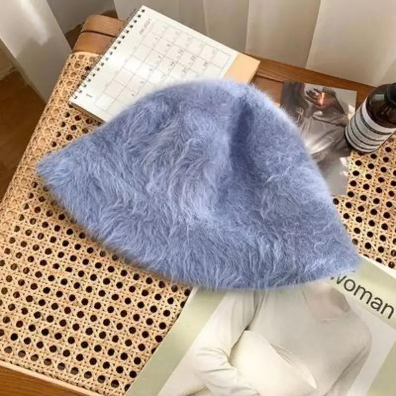 2024 New Rabbit Hair Bucket Hat Warm Fishing Caps Faux Fur Bucket Hat Men Women Winter Tide Top Hats Big Head Suitable