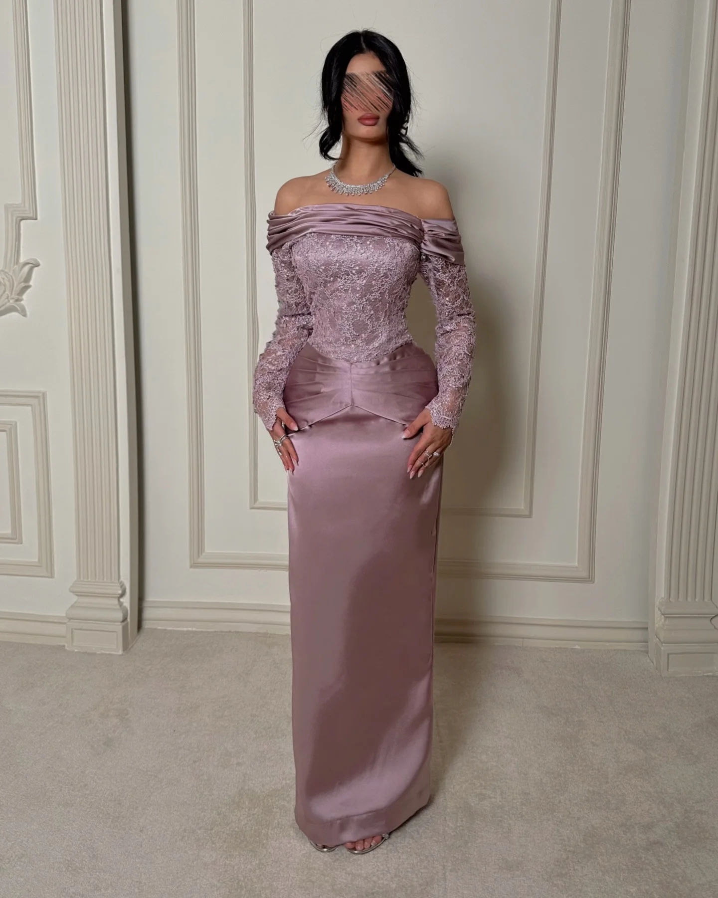 

Luxury Purple Evening Dress Long Sleeves Customized Off Shoulder Prom Dresses Sequins Beaded Celebrity Wedding Birthday Dresses